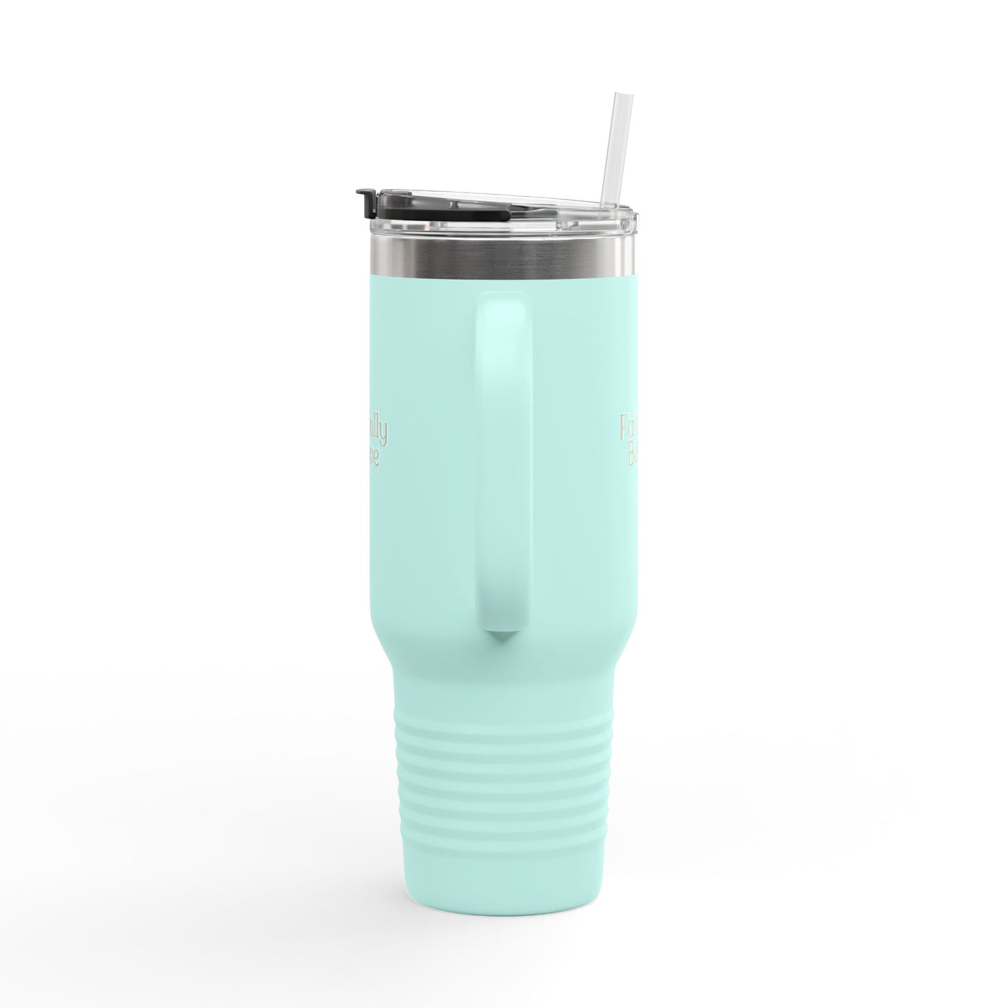 Mint green tumbler with a straw on a white background