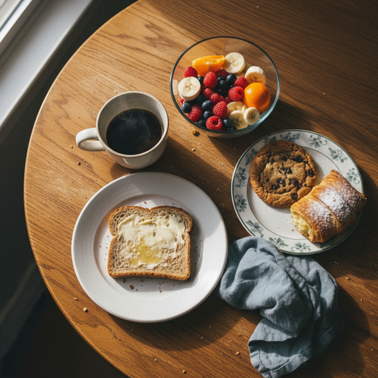 breakfast table with toast, fruit, cookie, and coffee