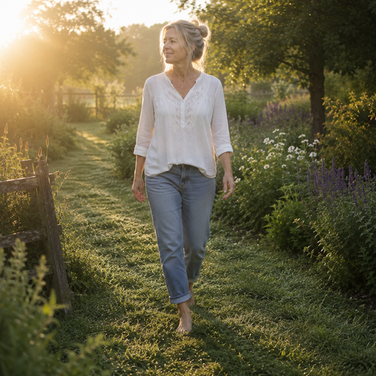Woman walking barefoot on grass practicing earthing and grounding outdoors