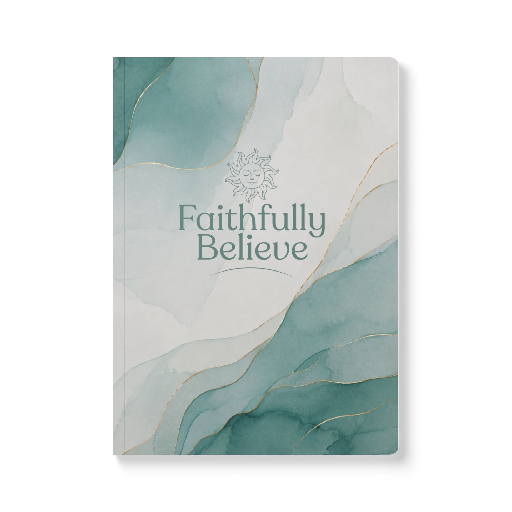 Notebook with 'Faithfully Believe' text and abstract design on a white background