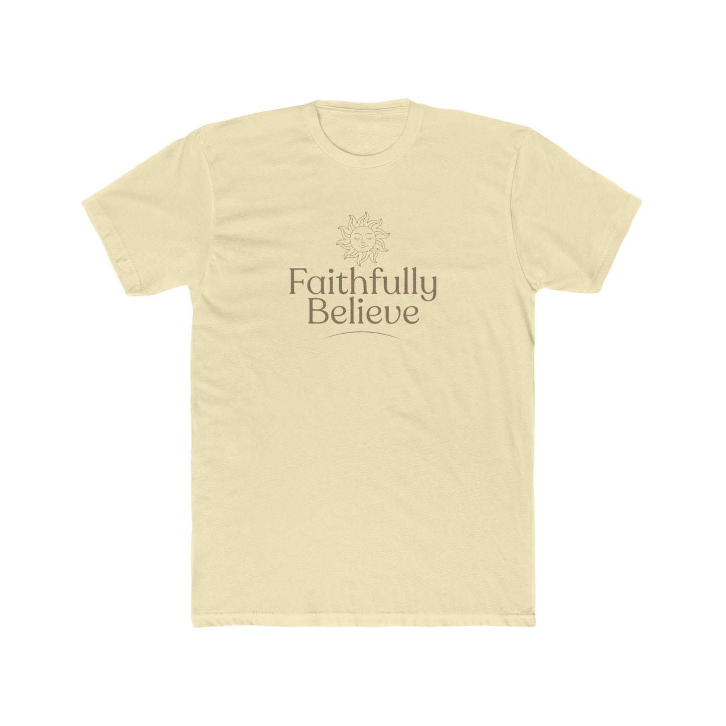 Yellow Faithfully Believe women’s t-shirt with clean logo for everyday outfits