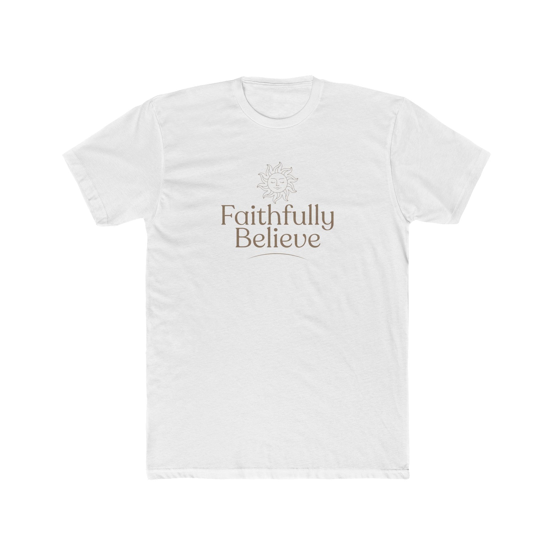 Faithfully Believe logo tee in white with clean minimal branding