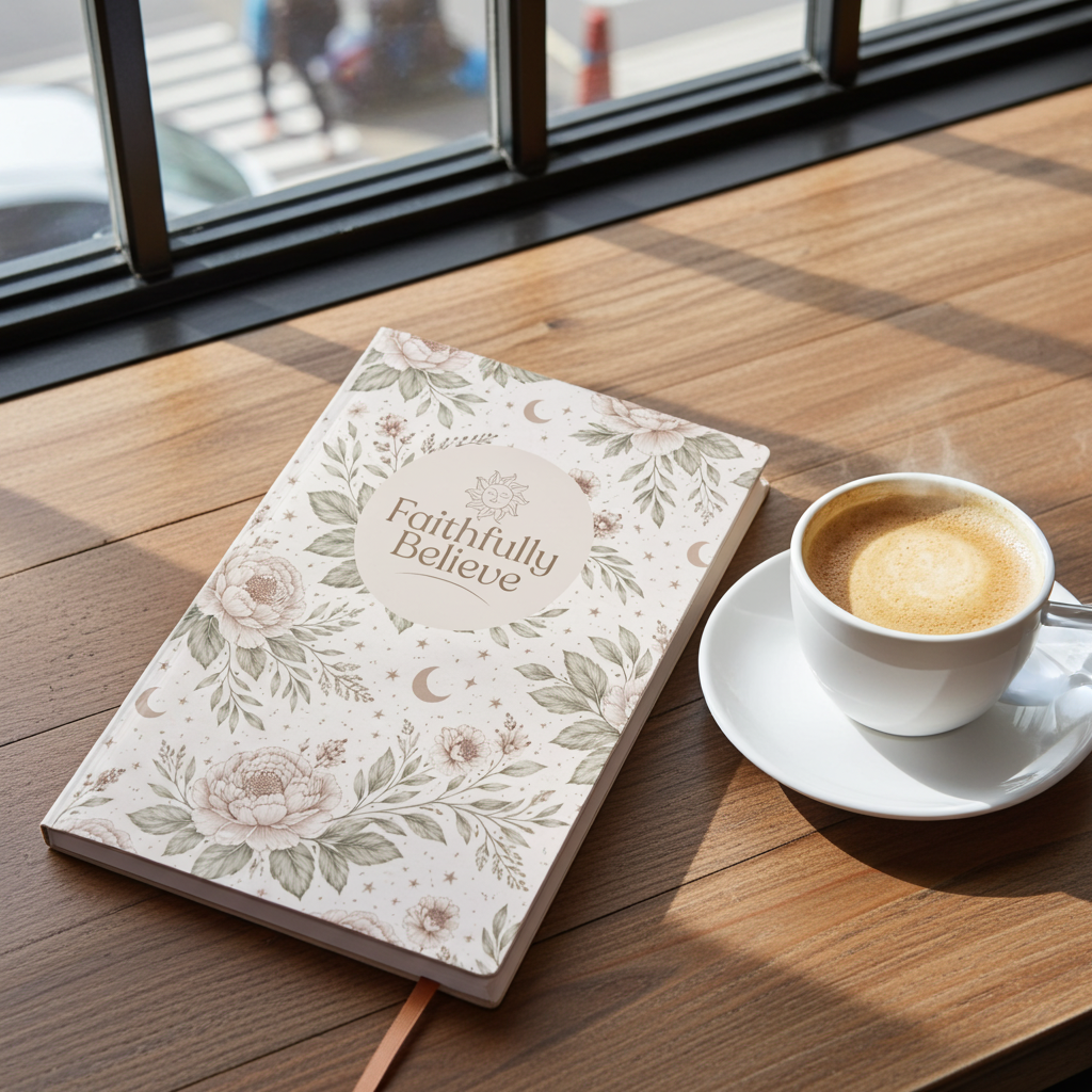 Faithfully Believe floral journal on table with cup of coffee for daily writing and reflection routine
