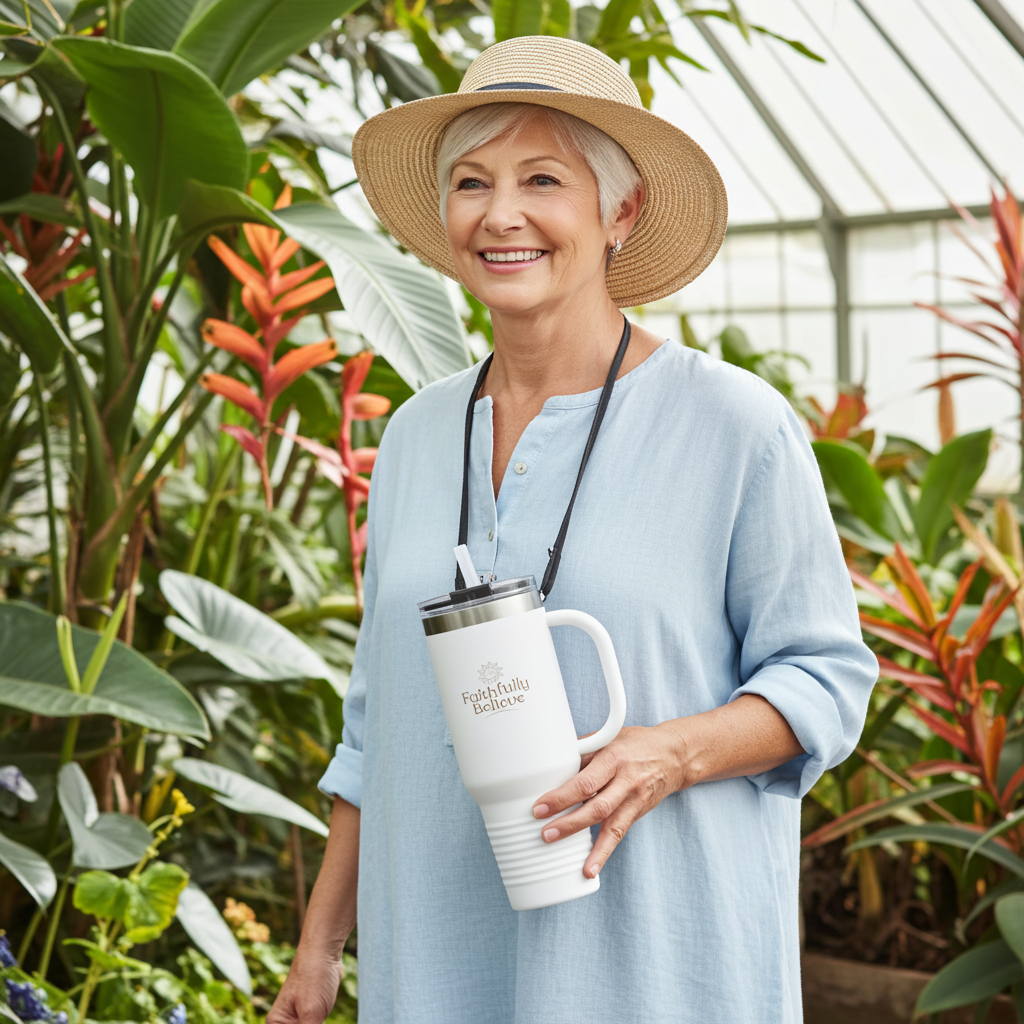 Women’s large capacity 40oz water bottle with straw lid and easy-carry handle in white