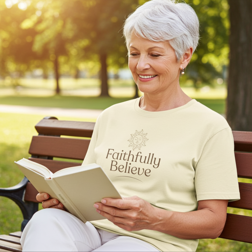 Woman wearing soft yellow Faithfully Believe t-shirt in relaxed lifestyle setting