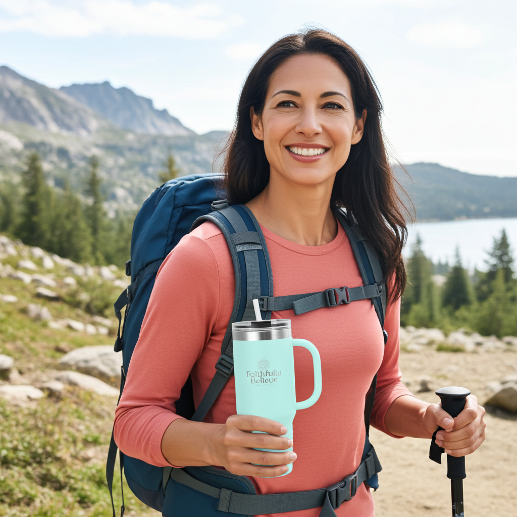 Woman holding Faithfully Believe 40oz insulated tumbler with straw — everyday hydration for women 50+
