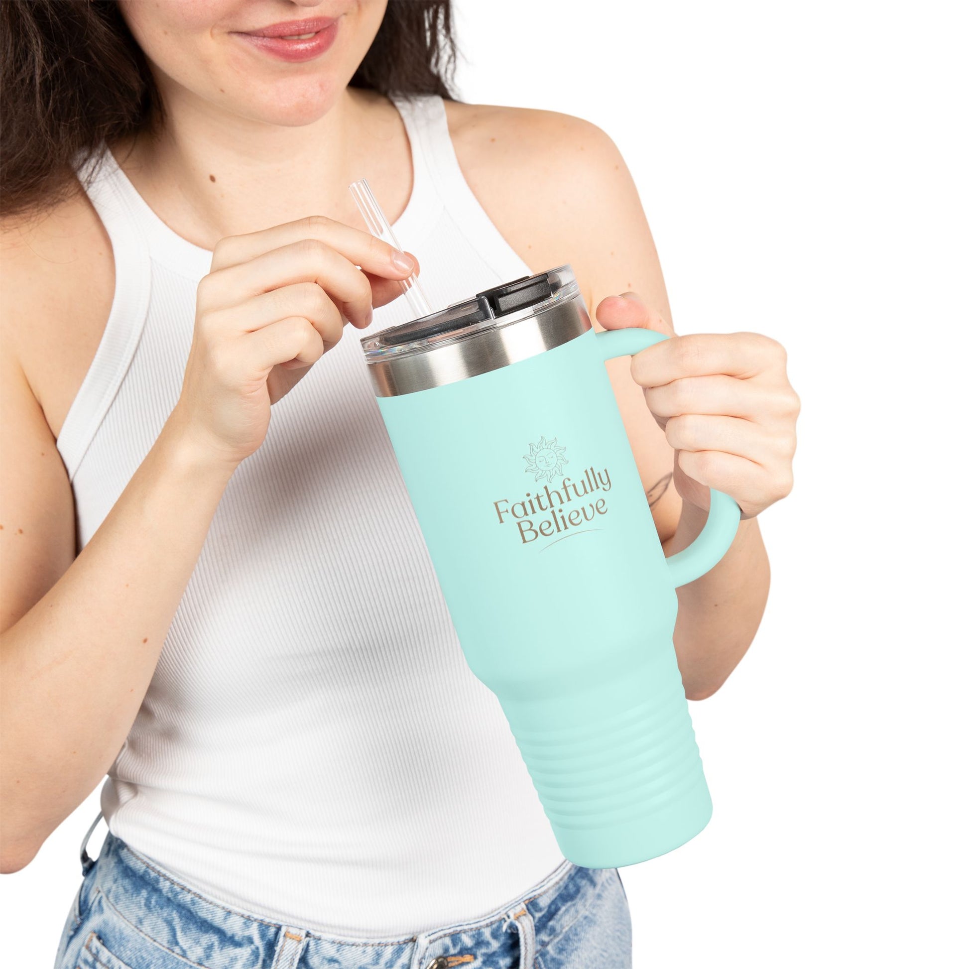 Reusable 40oz insulated water bottle with handle and straw for daily hydration and travel
