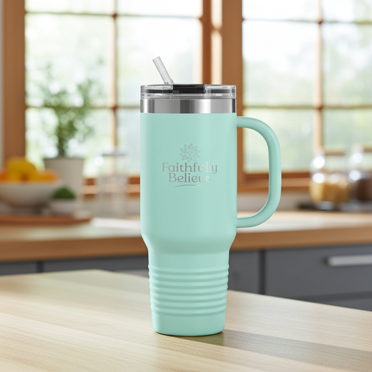 Faithfully Believe 40oz insulated water bottle with handle and straw in mint green on kitchen counter