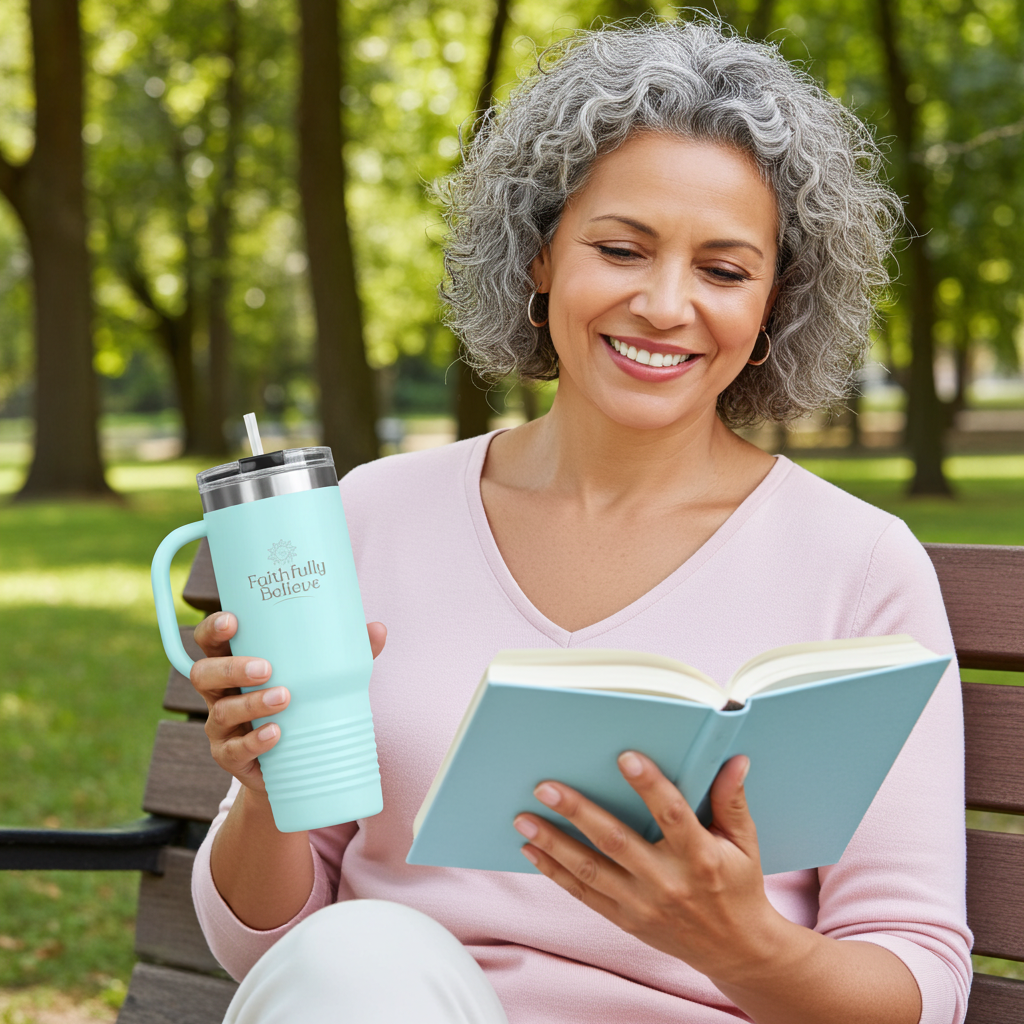 Large 40oz reusable water bottle with handle and straw lid for women in soft mint color