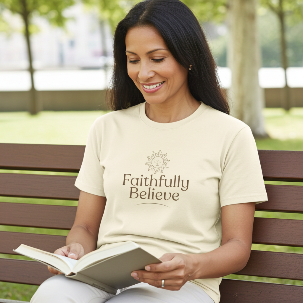 Close-up of Faithfully Believe logo print on soft yellow women's cotton crew neck t-shirt