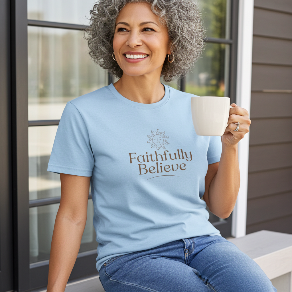 Faithfully Believe logo t-shirt in light blue for women with minimalist sun design