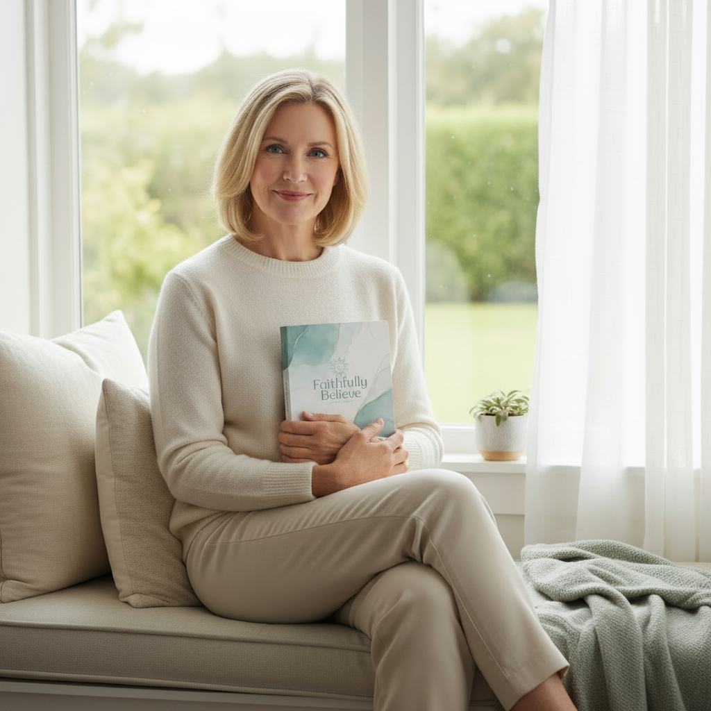 Woman in her 50s carrying the Faithfully Believe softcover journal