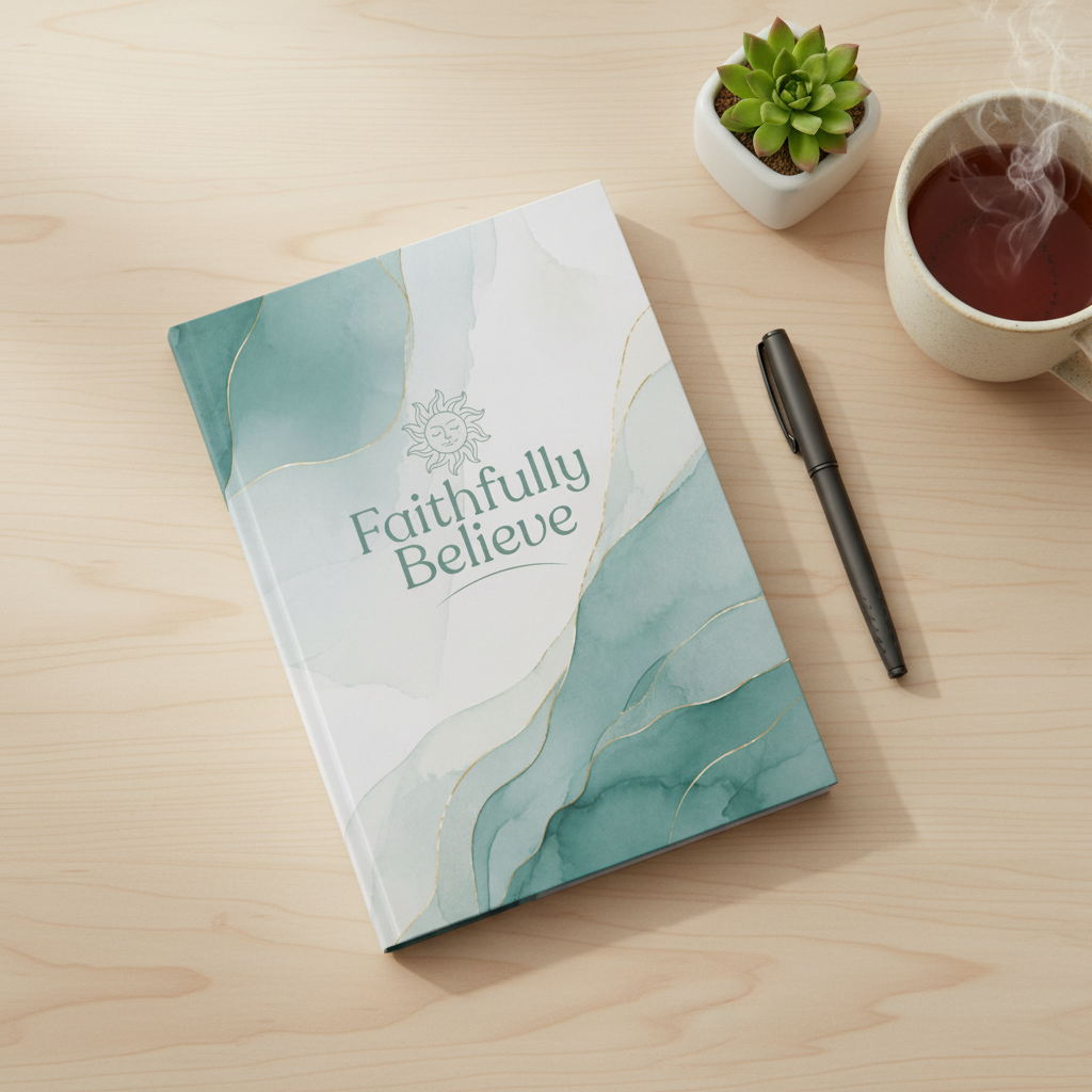 Faithfully Believe softcover journal laying closed on a desk with pen, succulent and tea