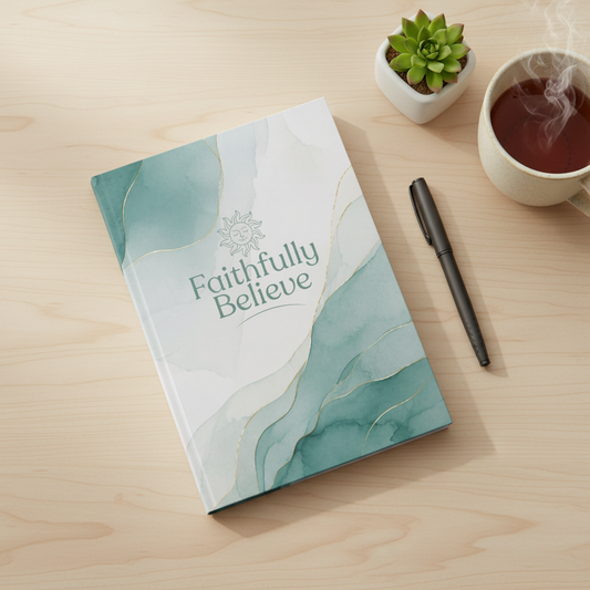 Faithfully Believe softcover journal laying closed on a desk with pen, succulent and tea