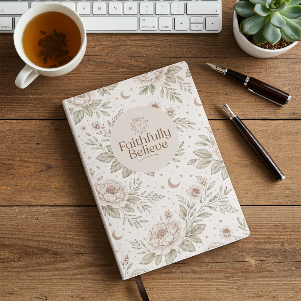 Faithfully Believe floral soft cover  journal on wooden desk with pens and tea for calm writing and reflection