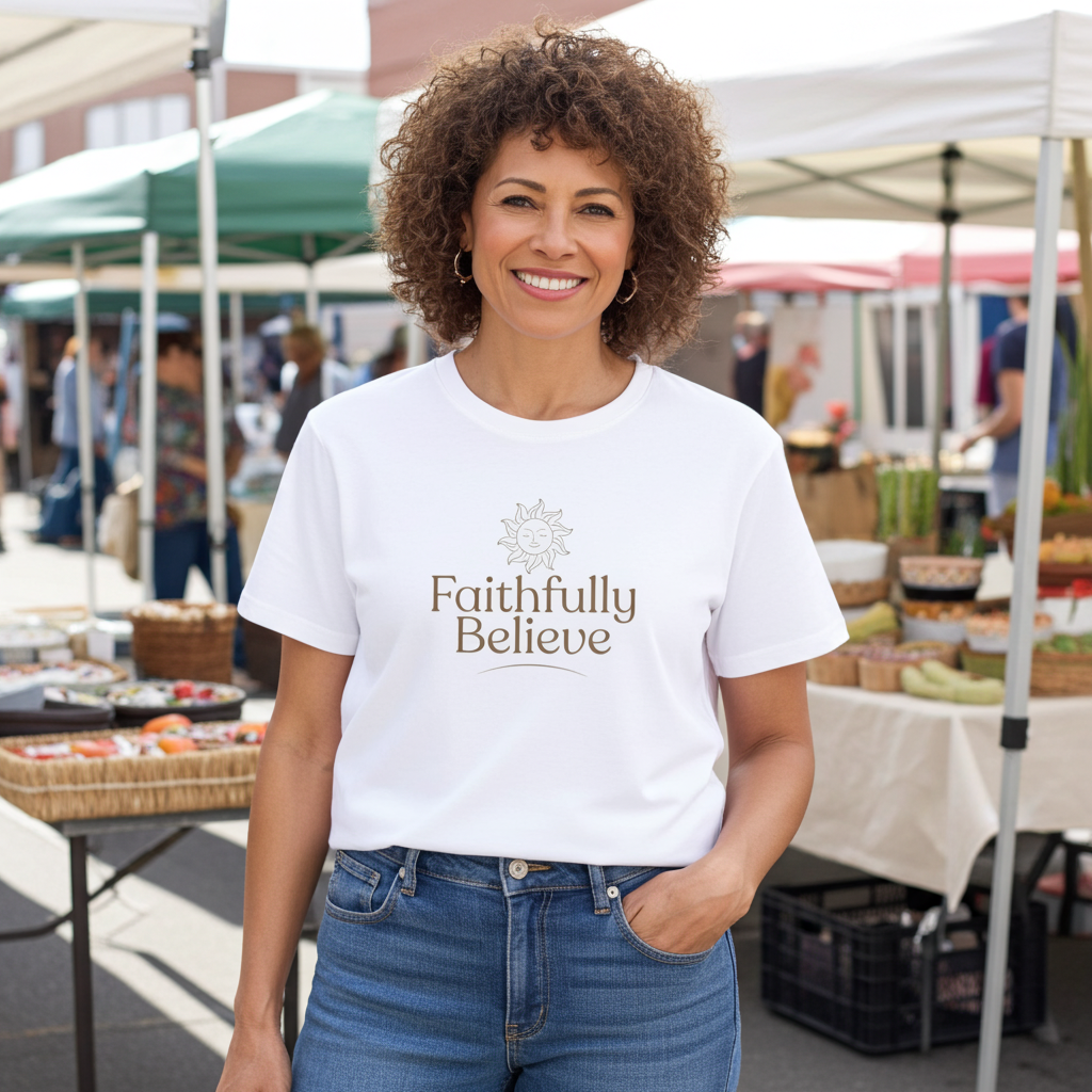 Woman styled in Faithfully Believe white logo tee for casual everyday outfit
