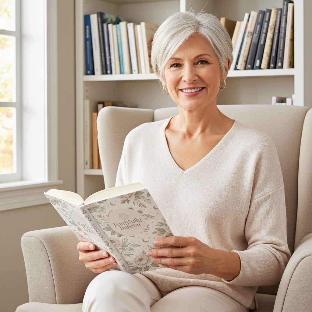 Woman holding Faithfully Believe floral journal with soft neutral cover for everyday writing and reflection